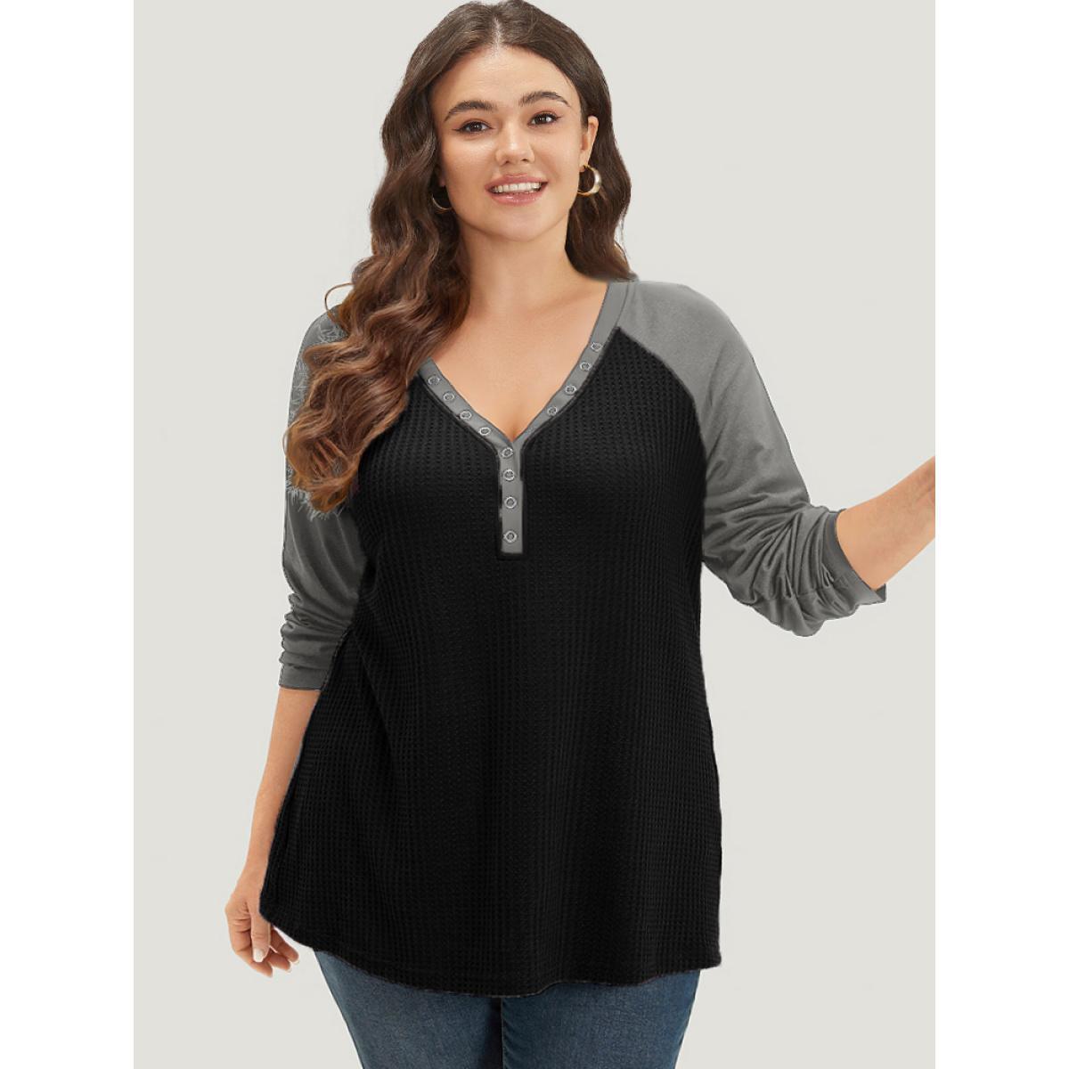 Plus Size Waffle Knit Raglan Sleeve Metal Buckle Detail T-shirt Burgundy Women Casual Contrast Plain V-neck Everyday T-shirts BloomChic 14-16/1X Product Image