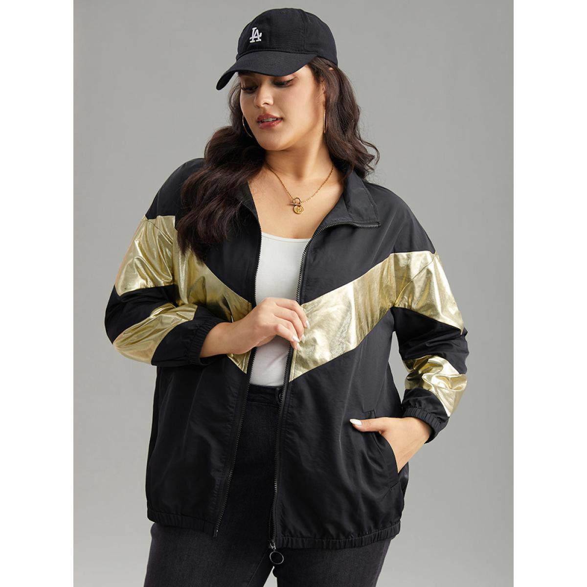 Plus Size Geometric Patchwork Contrast Zipper Jacket Women Black Elastic cuffs Pocket Dailywear Jackets BloomChic 10/M Product Image