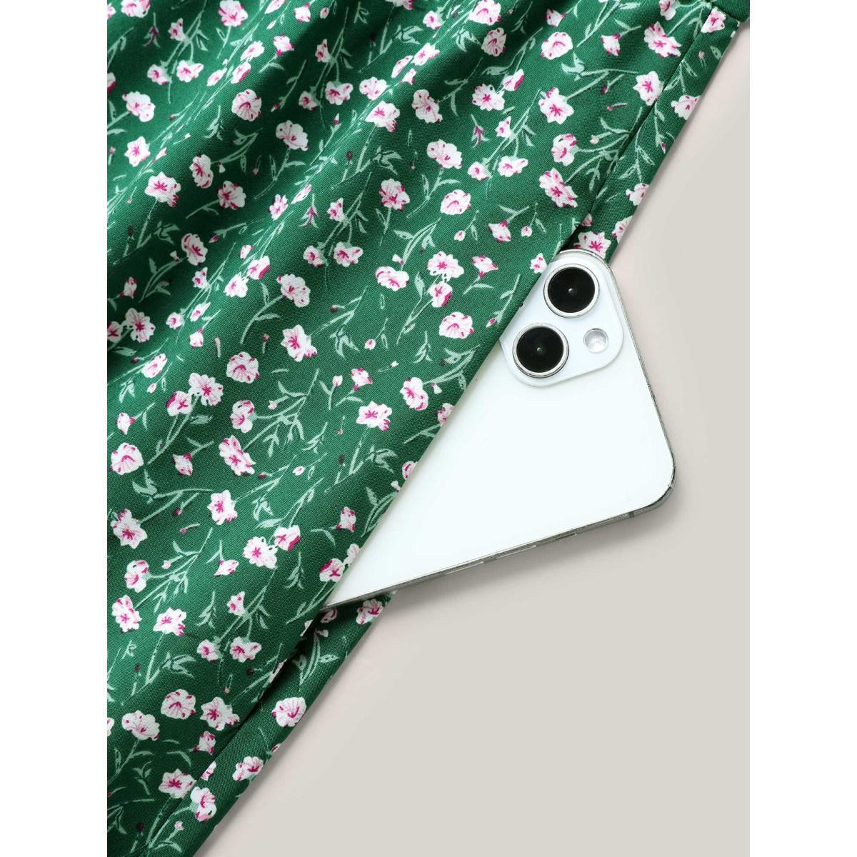 Plus Size Floral Print Split Neck Pockets Midi Dress Emerald Women Elegant Gathered Notched collar Short sleeve Curvy BloomChic 28/5X Product Image