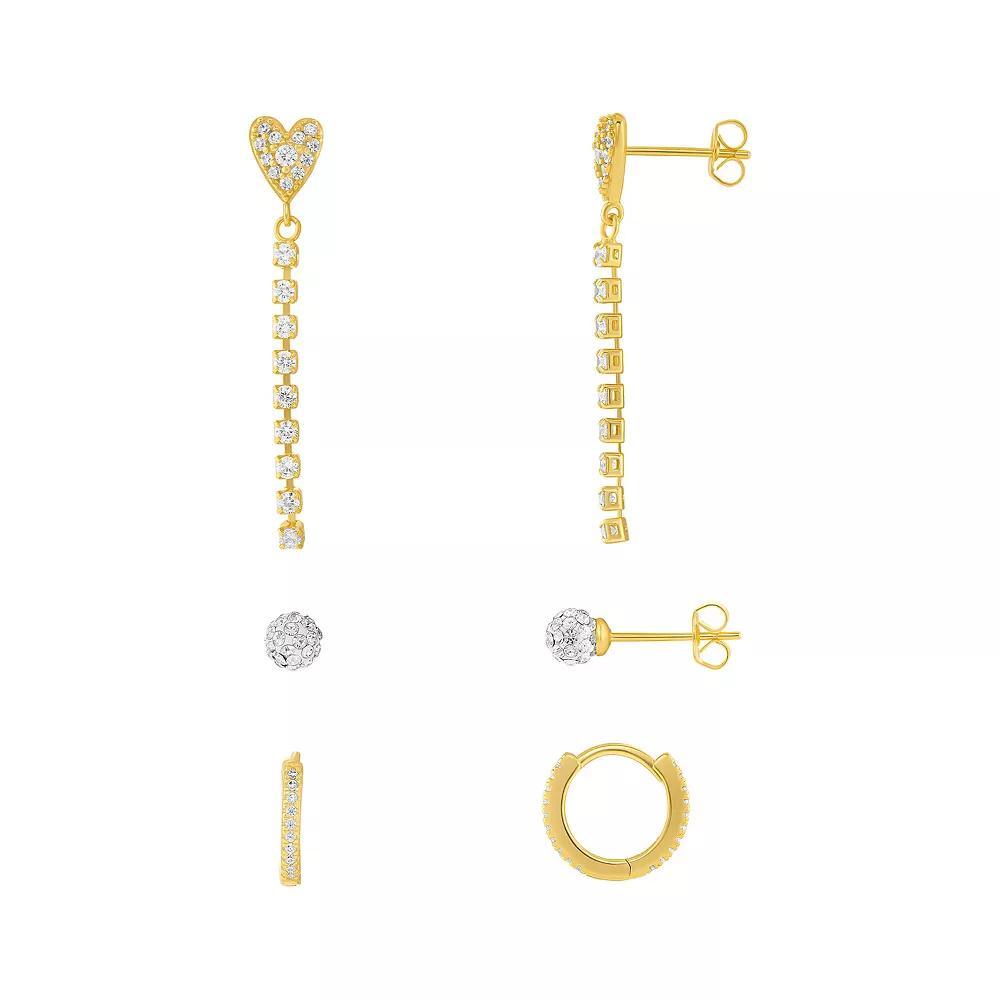 Brilliance 18k Gold Flash Plated Cubic Zirconia Earrings 3-Piece Set, Women's, Yellow Gold Tone Clear Product Image