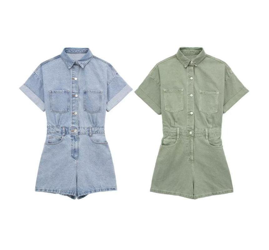 Short-Sleeve Collar Button-Up Denim Romper Product Image