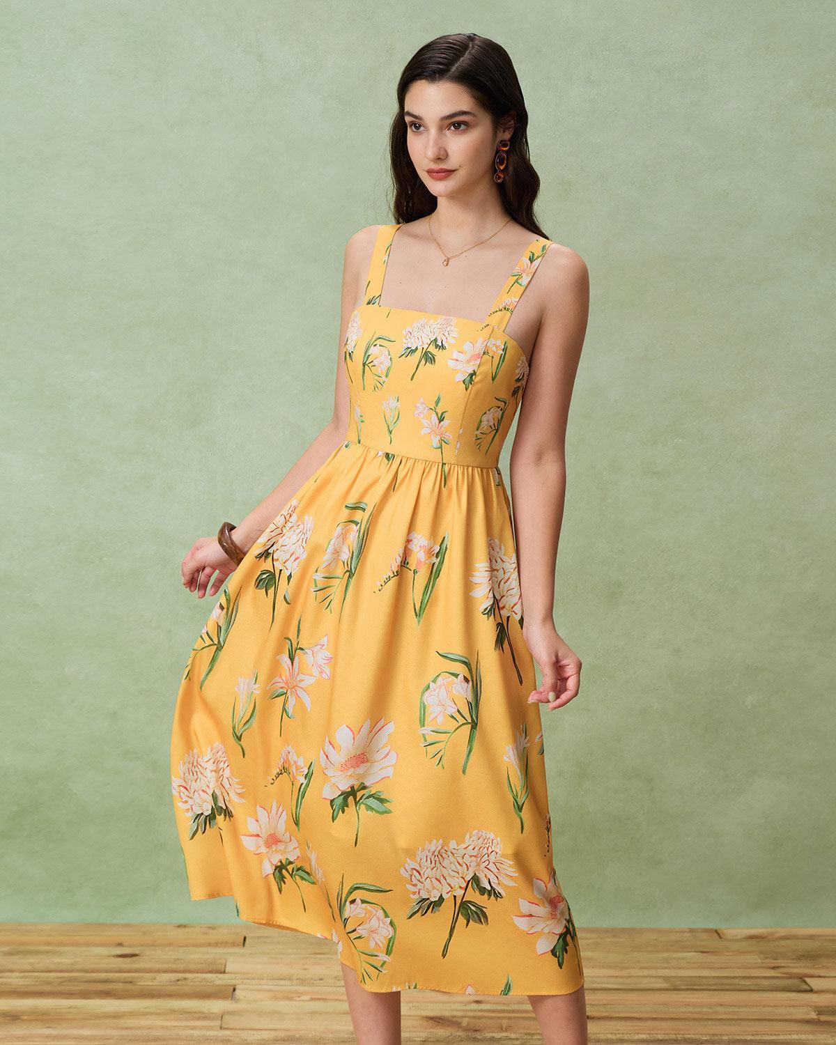 Yellow Floral A-Line Slip Midi Dress Product Image