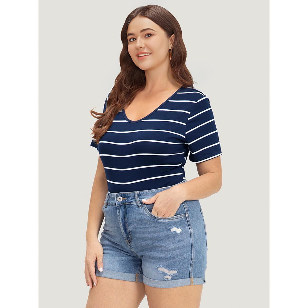 Plus Size Striped Contrast Patchwork Crew Neck Bodysuit Women Midnight Striped Bodysuits BloomChic 14-16/1X Product Image