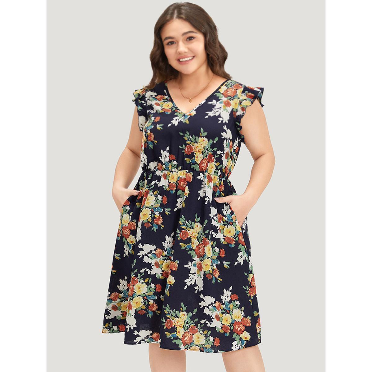 Plus Size Pixel Flower Print Ruffle Cap Sleeve Pocket Dress DarkBlue Women Elegant Elastic Waist V-neck Cap Sleeve Curvy Knee Dress BloomChic 26/4X Product Image