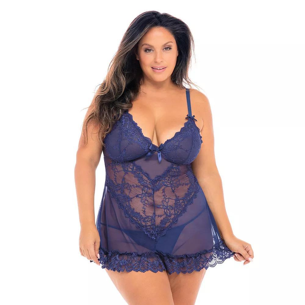 Plus Size Oh La La Cheri Valentine Soft Cup Lace Babydoll & G-String Set 2139X, Women's, Size: 1XL-2XL, Black Product Image