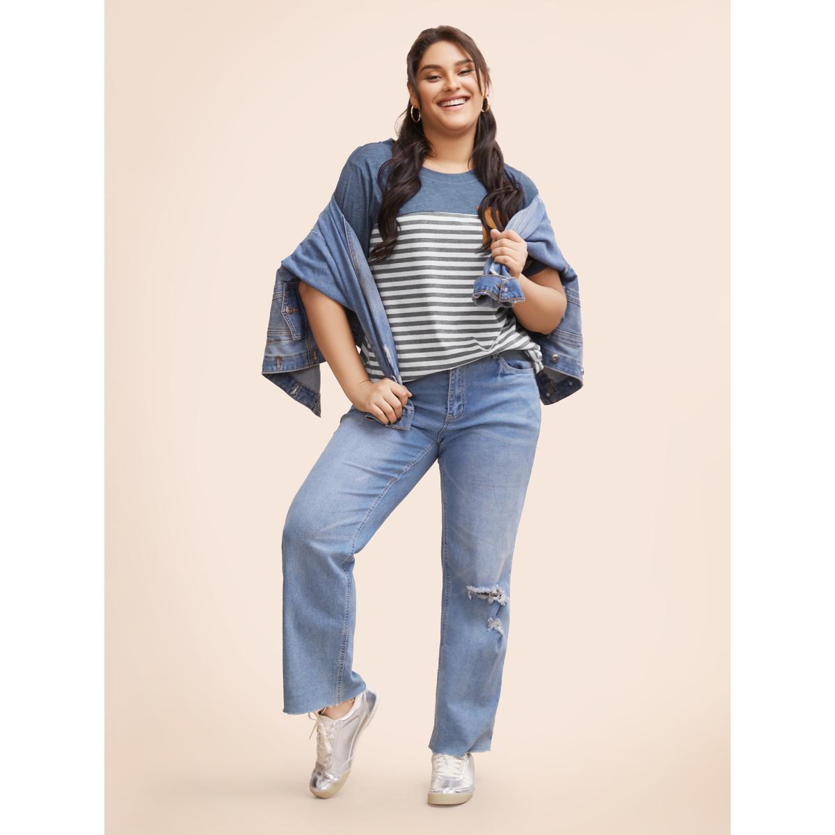 Plus Size Striped Patchwork Round Neck Patched Pocket T-shirt Multicolor Women Casual Patchwork Striped Round Neck Dailywear T-shirts BloomChic 10/M Product Image