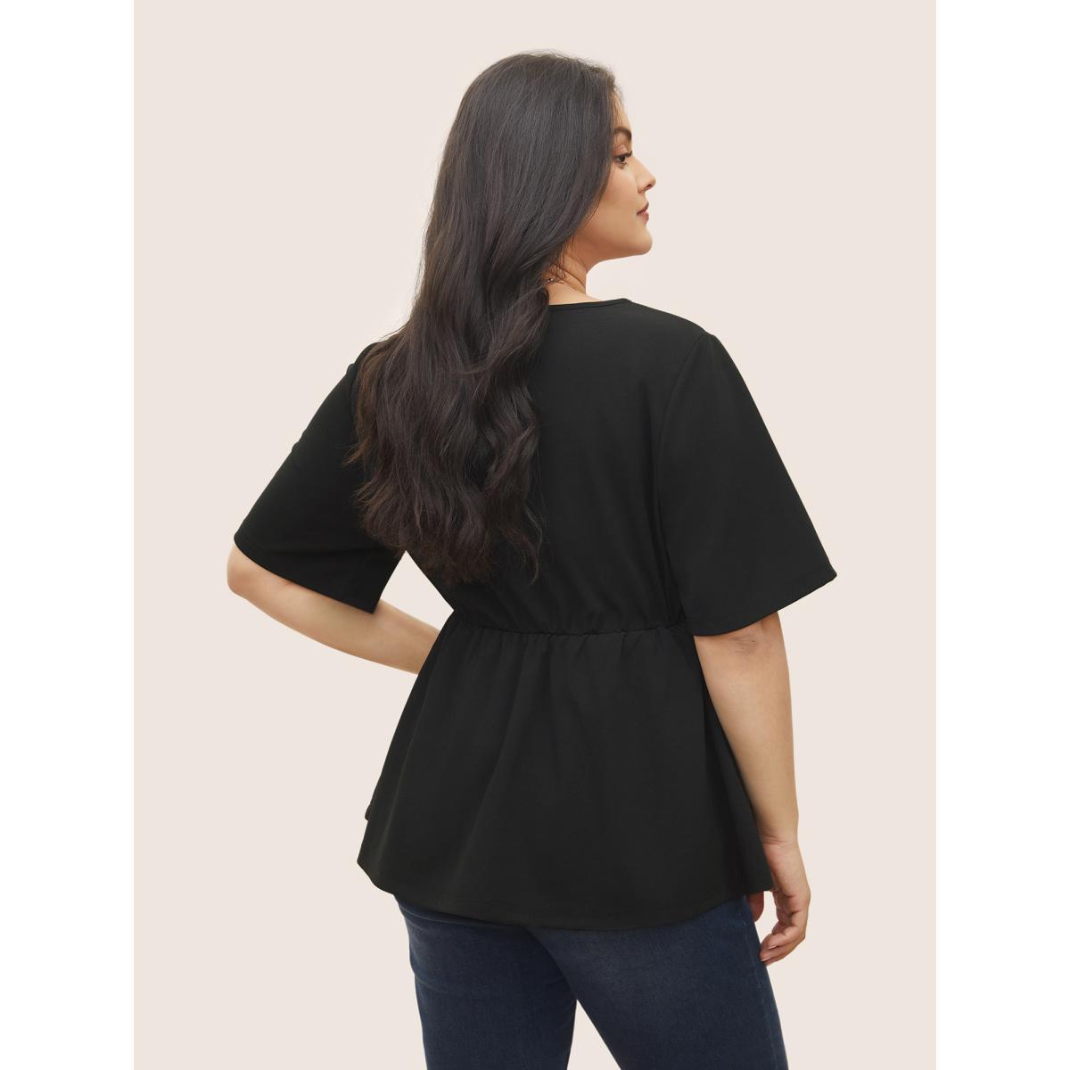 Plus Size Black Pearl Beaded Gathered Elastic Waist Blouse Women Elegant Short sleeve Round Neck Everyday Blouses BloomChic 12/L Product Image