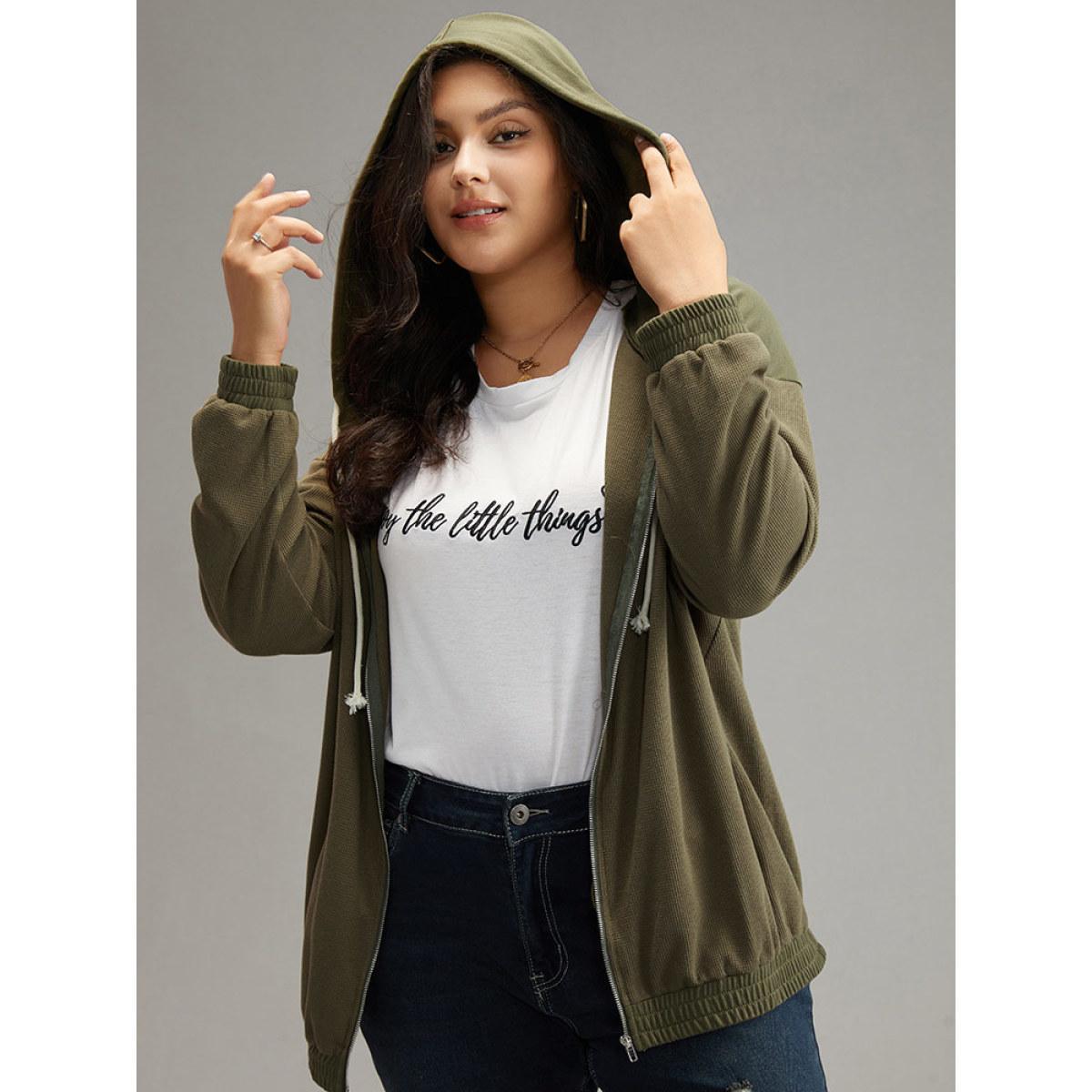 Plus Size Waffle Knit Hooded Drawstring Sweatshirt Women ArmyGreen Casual Plain Loose Hooded Dailywear Sweatshirts BloomChic 18-20/2X Product Image