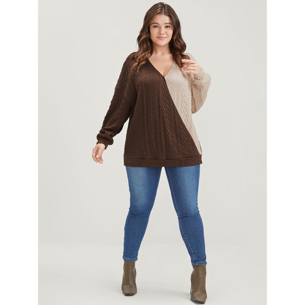 Plus Size Colorblock Contrast Surplice Neck Drop Shoulder Sweatshirt Women Multicolor Elegant Patchwork V-neck Dailywear Sweatshirts BloomChic 18-20/2X Product Image