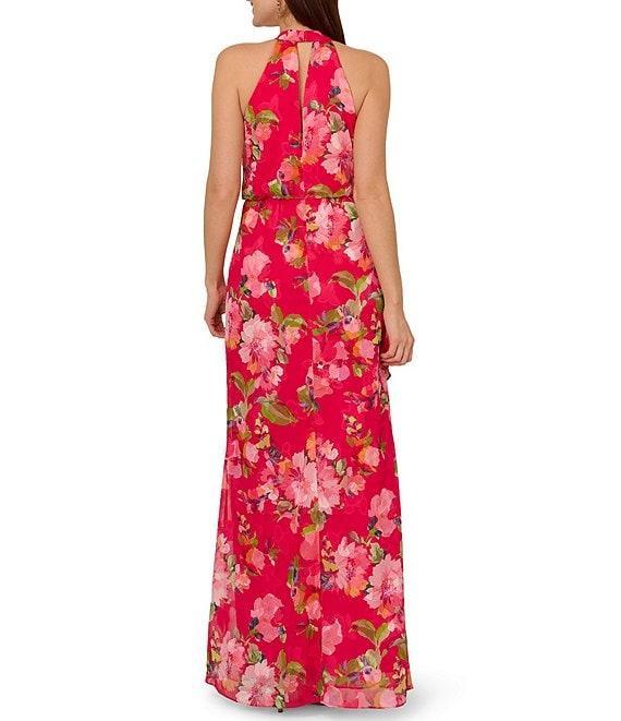 Adrianna Papell Chiffon Floral Print Halter Neck Sleeveless Ruffle Blouson Gown Product Image