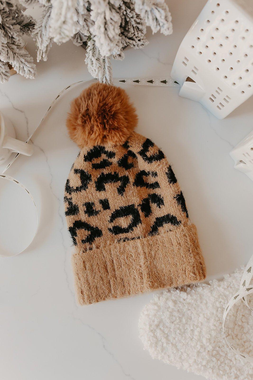 Fuzzy Leopard Print Pom Beanie - FINAL SALE Product Image