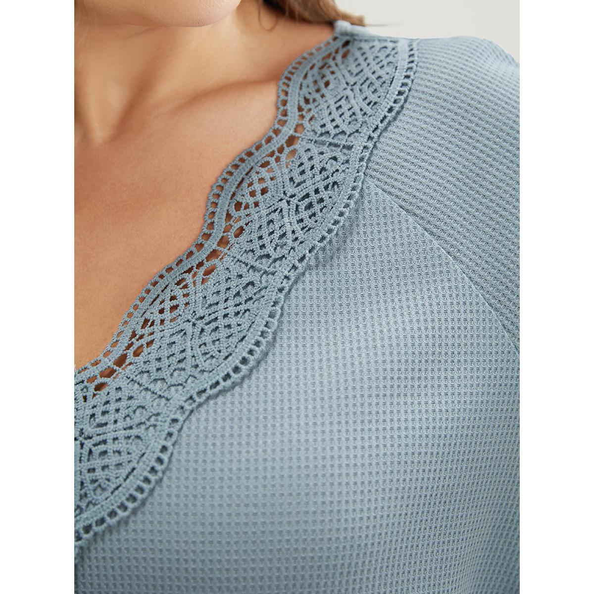 Plus Size Solid Raglan Sleeve Contrast Lace Waffle Knit T-shirt Stone Women Elegant Plain V-neck Dailywear T-shirts BloomChic 12/L Product Image