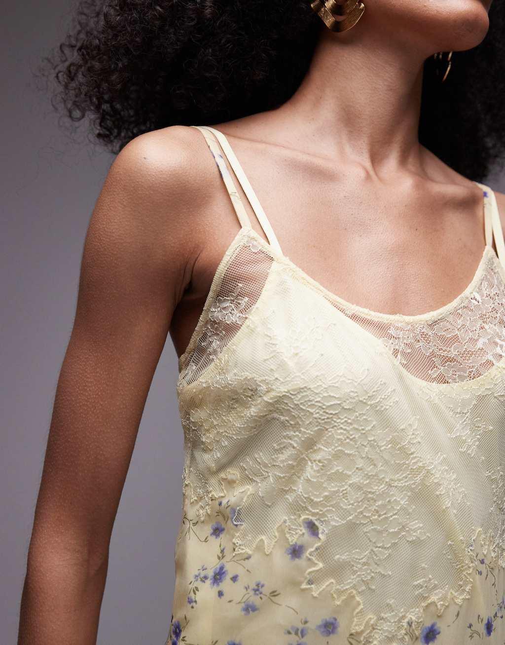 Topshop premium scoop neck lace insert midi dress with removable lining in yellow floral print Product Image