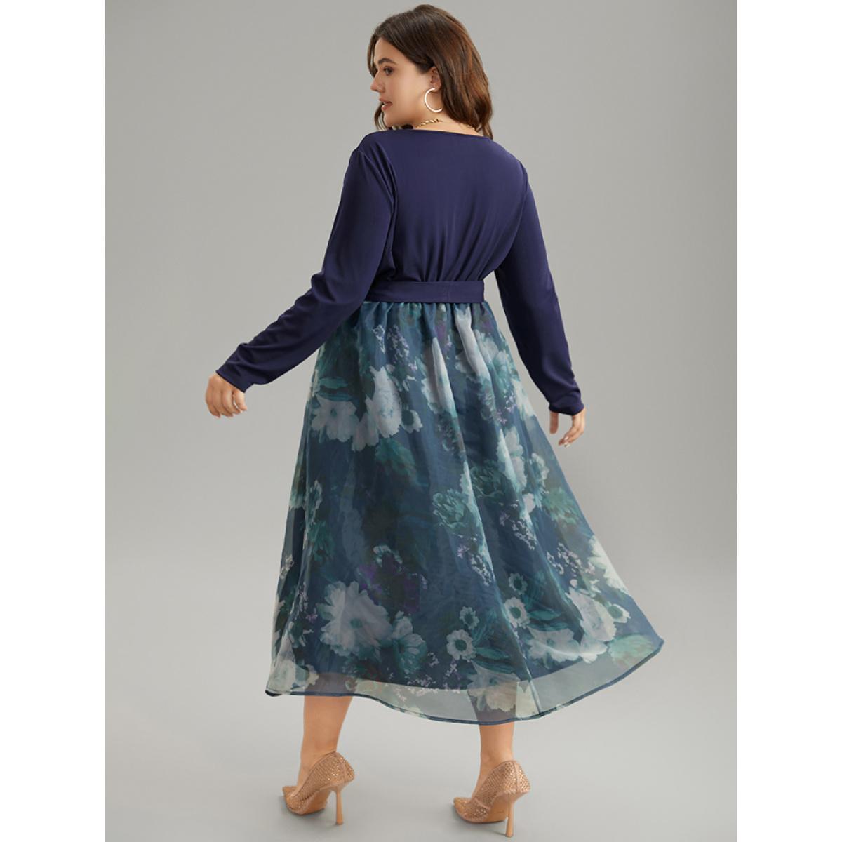 Plus Size Floral Print Belted Patchwork Mesh Dress DarkBlue Women Elegant Belted V-neck Long Sleeve Curvy Midi Dress BloomChic 12/L Product Image