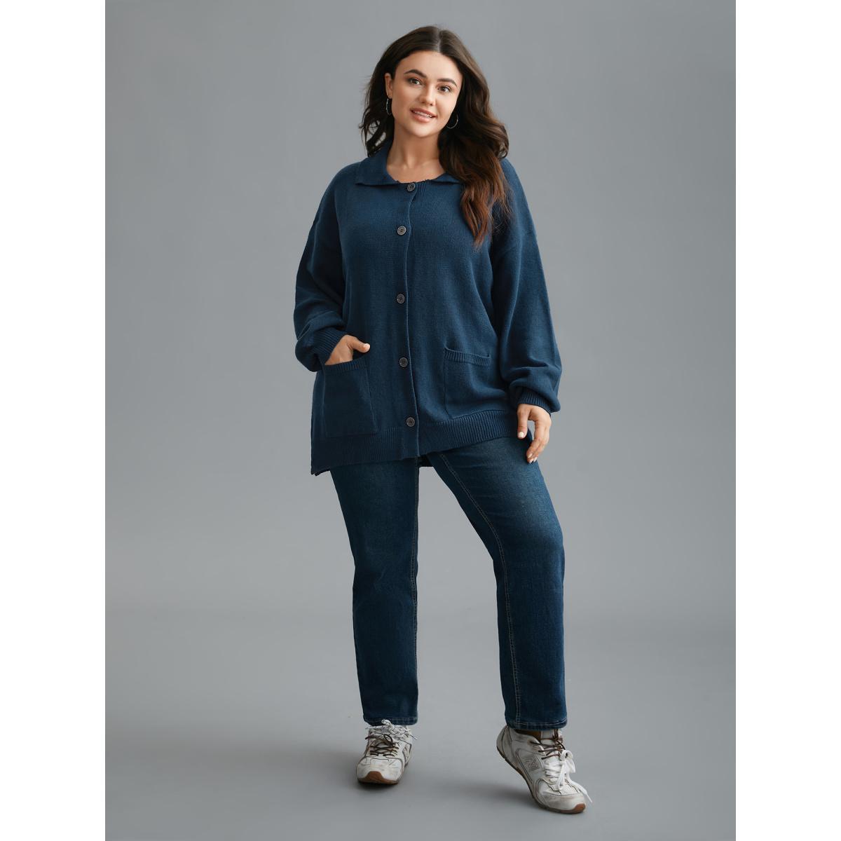 Plus Size Supersoft Essentials Shirt Collar Pockets Knit Cardigan Aegean Women Casual Loose Long Sleeve Everyday Cardigans BloomChic 18-20/2X Product Image