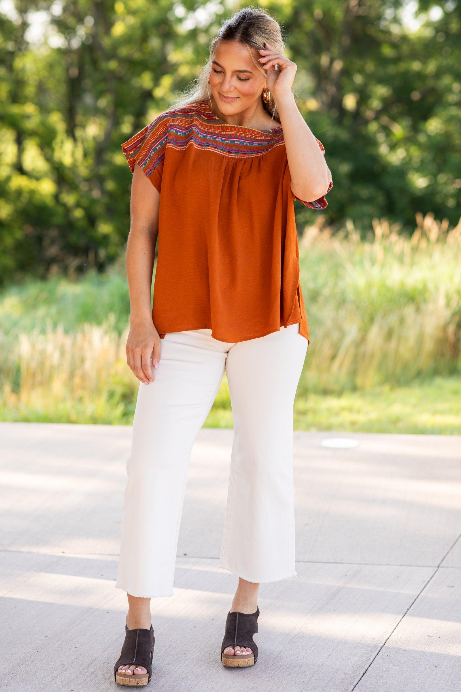 Cinnamon Embroidery Short Sleeve Woven Top Product Image