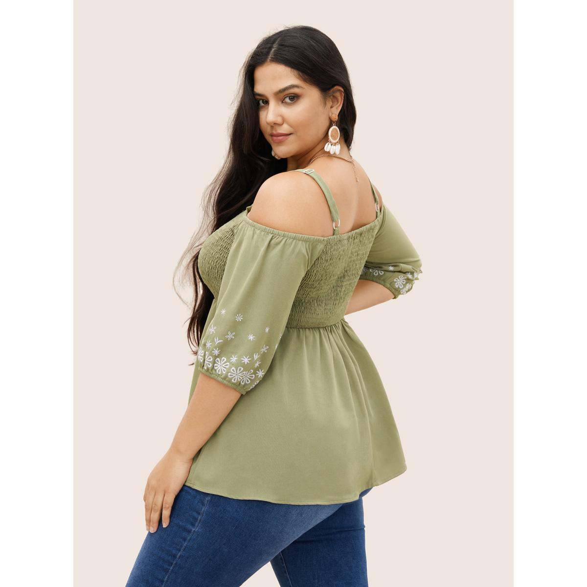 Plus Size Mint Floral Embroidered Shirred Off Shoulder Blouse Women Resort Half Sleeve One-shoulder neck Vacation Blouses BloomChic 12/L Product Image