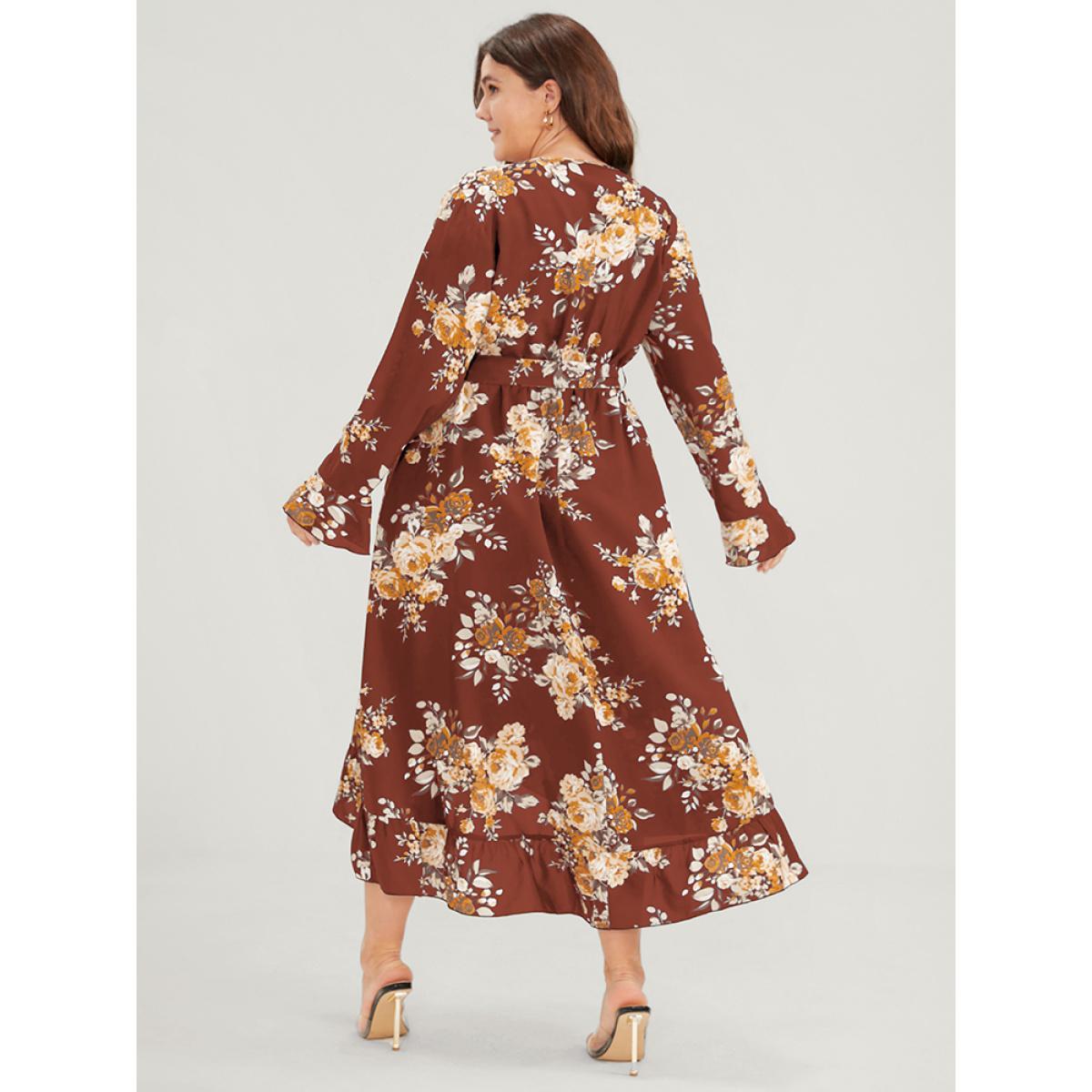 Plus Size Floral Pocket Belted Ruffles High Low Hem Wrap Midi Dress Rust Women Elegant Elastic Waist V-neck Long Sleeve Curvy Midi Dress BloomChic 14-16/1X Product Image