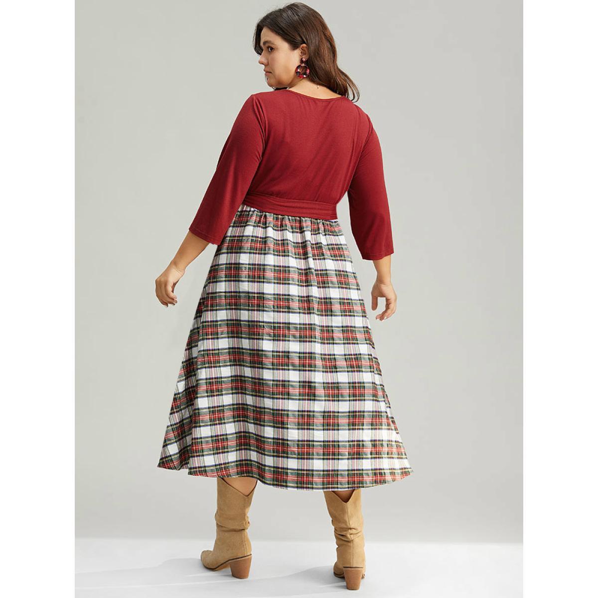 Plus Size Christmas Plaid Patchwork Ruched Belted Dress Red Women Work From Home Gathered V-neck Elbow-length sleeve Curvy Midi Dress BloomChic 30/6X Product Image