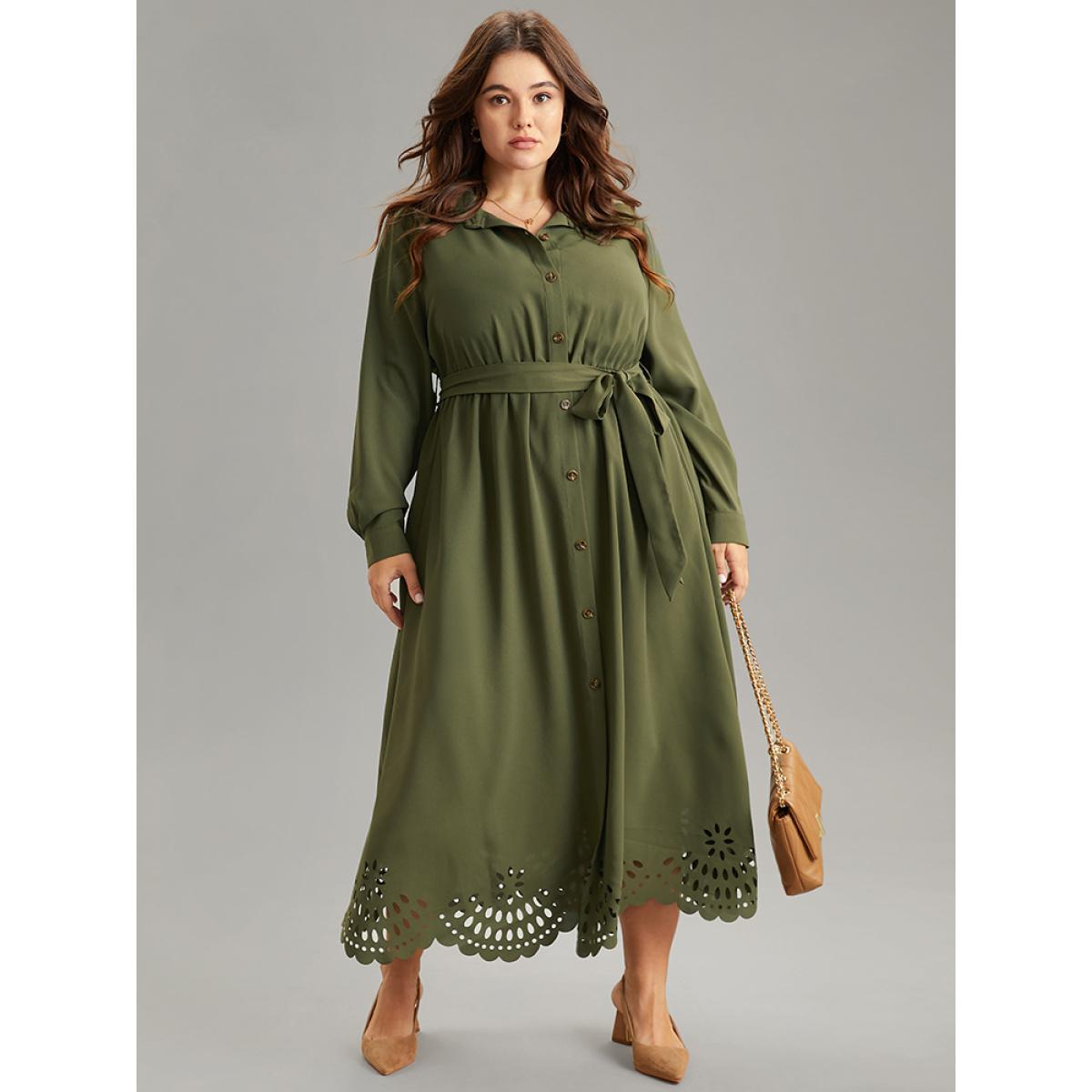 Plus Size Plain Laser Cut Button Through Belted Dress ArmyGreen Women Office Plain Shirt collar Long Sleeve Curvy Midi Dress BloomChic 22-24/3X Product Image