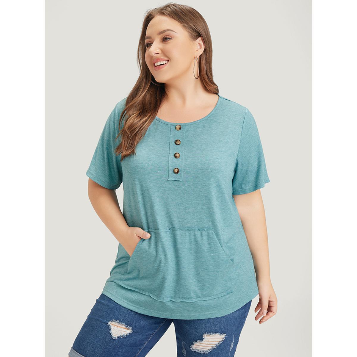 Plus Size Plain Heather Button Detail Patch Pocket T-shirt Cerulean Women Casual Heather Plain Round Neck Dailywear T-shirts BloomChic 30/6X Product Image
