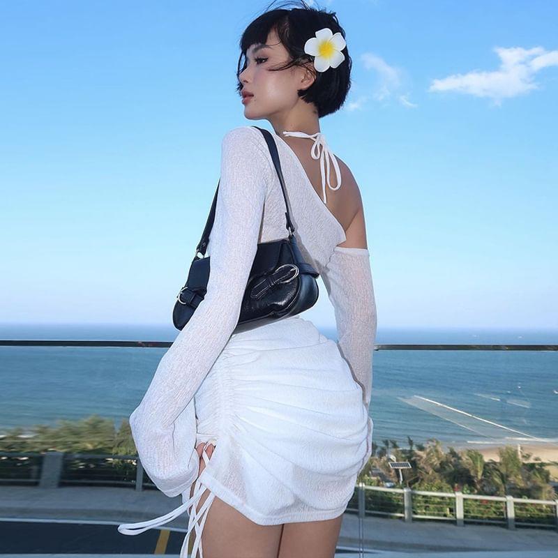 Long Sleeve One Shoulder Plain Drawstring Mini Sheath Dress Product Image