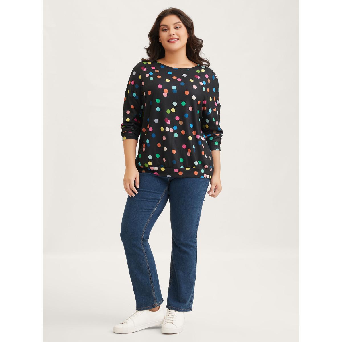 Plus Size Color Polka Dot Drop Shoulder T-Shirt DarkBlue Women Casual Contrast Round Neck Everyday T-shirts BloomChic 22-24/3X Product Image