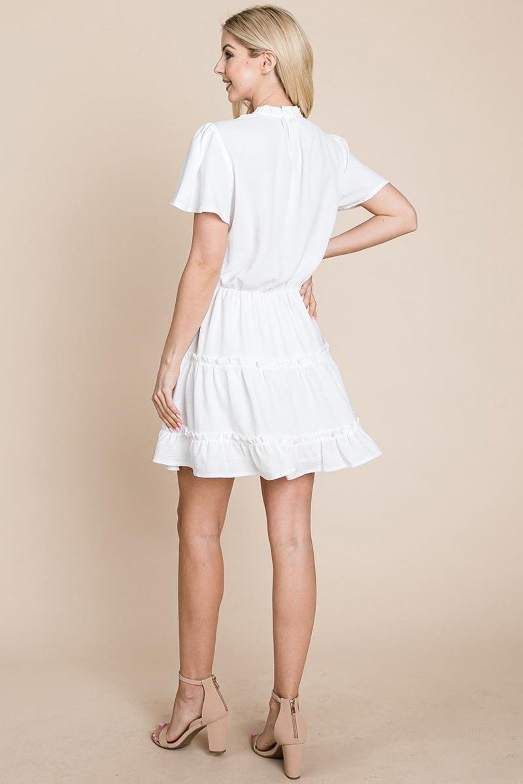 Tiered Tie V Neck Flutter Sleeve Flowy Tunic Dress Product Image