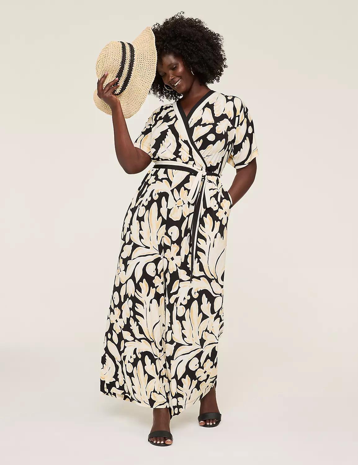 Surplice-Neck Tie-Waist Jersey Jumpsuit Product Image