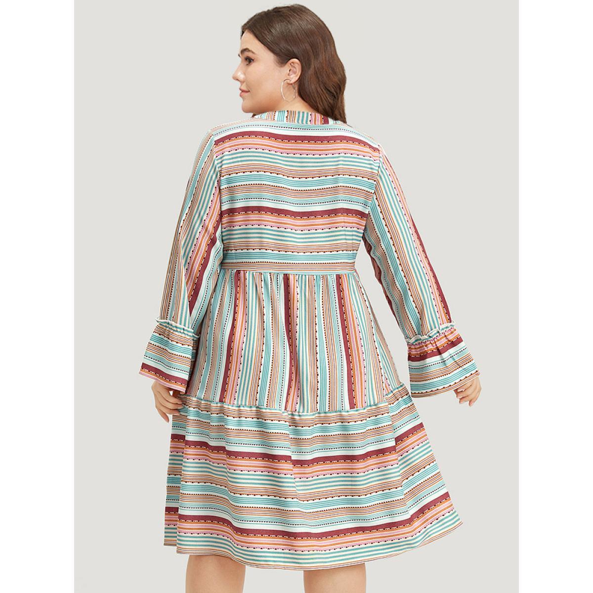 Plus Size Contrast Striped Notched Layered Hem Bell Sleeve Dress Multicolor Women Vacation Gathered Notched collar Long Sleeve Curvy Midi Dress BloomChic 22-24/3X Product Image
