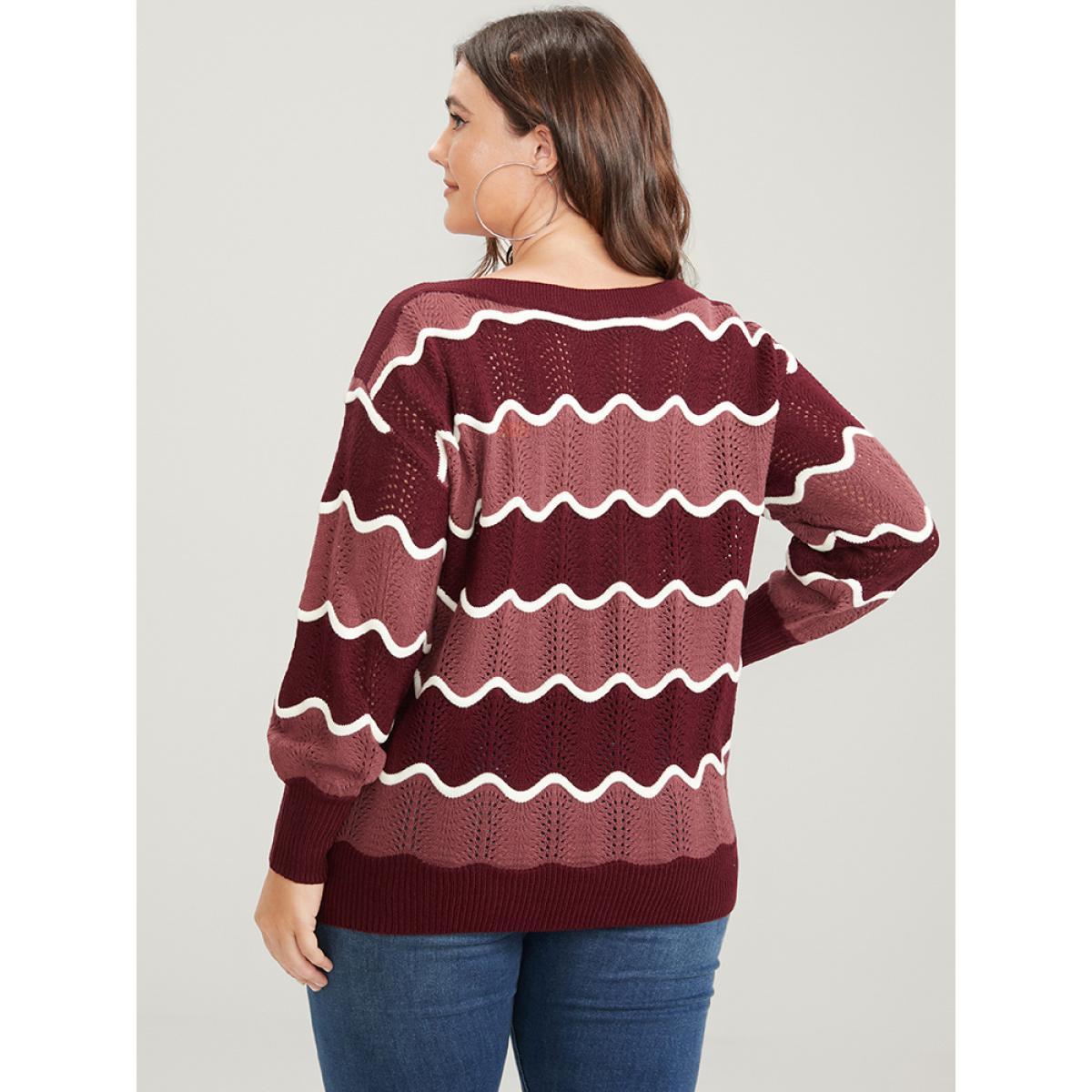 Plus Size Colorblock Contrast Pointelle Knit Water Ripple Knit Top Scarlet Women Elegant Long Sleeve Round Neck Dailywear Pullovers BloomChic 22-24/3X Product Image