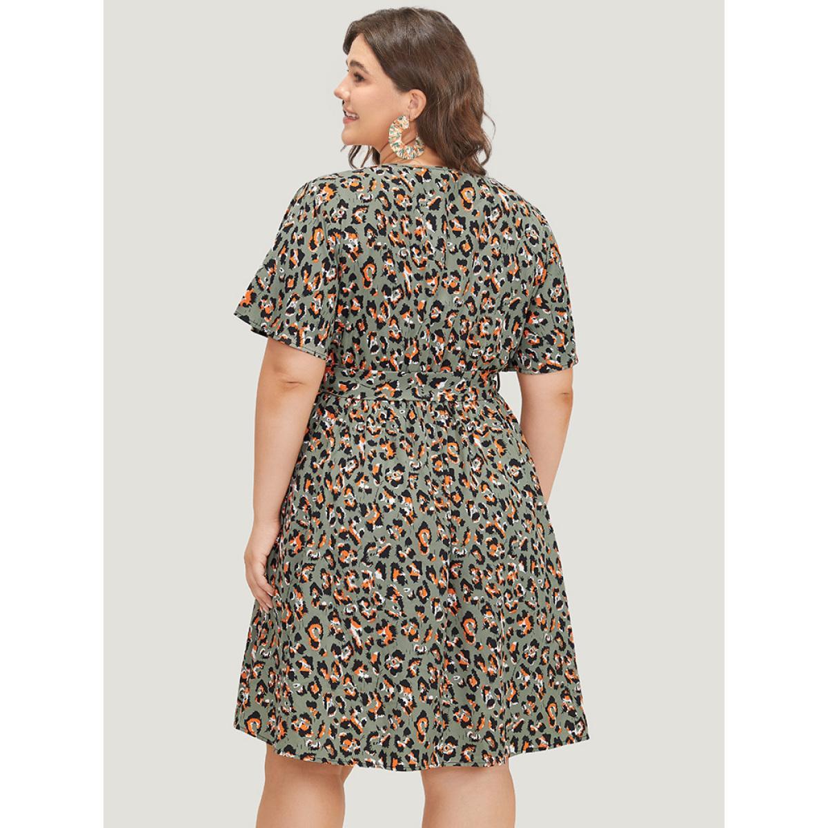 Plus Size Colour Leopard Print Belted Ruffle Hem Pocket Dress ArmyGreen Women Elegant Gathered V-neck Short sleeve Curvy Knee Dress BloomChic 14-16/1X Product Image