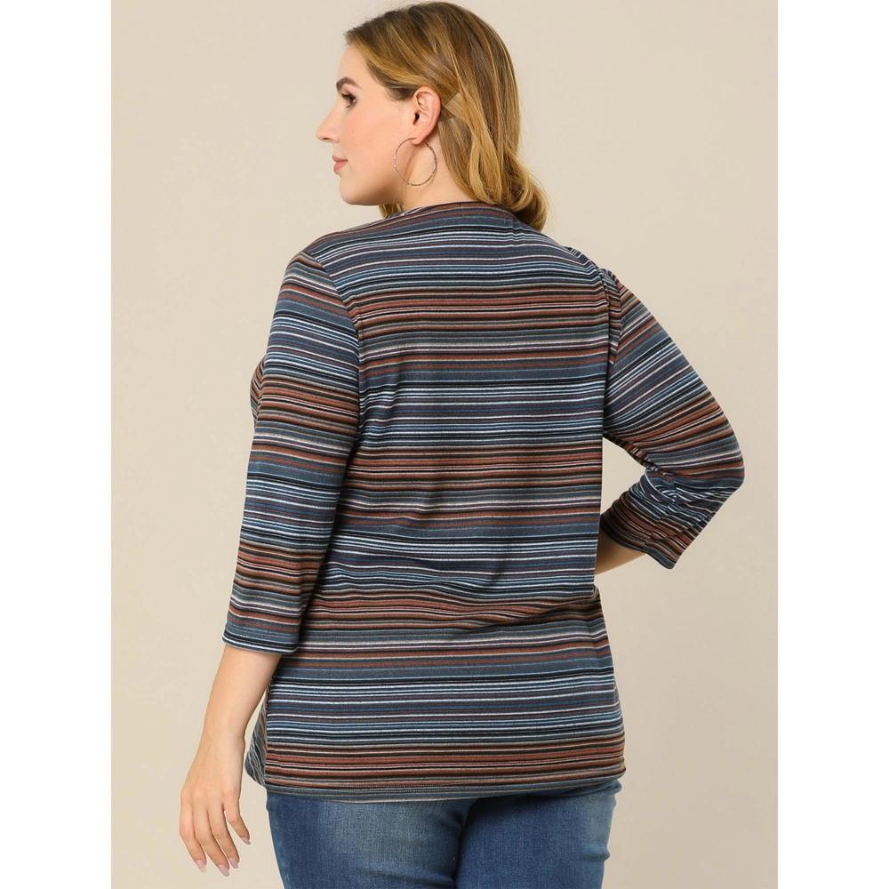 Agnes Orinda Women's Plus Size Comfy Knit 3/4 Sleeve V Neck Stripe Boho Casual Blouse Product Image