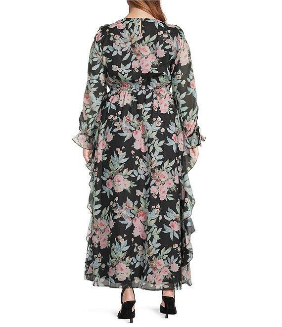 Layered With Love Plus Size Luna Floral Printed Crew Neck Long Sleeve Ruffle Chiffon Maxi Dress Product Image