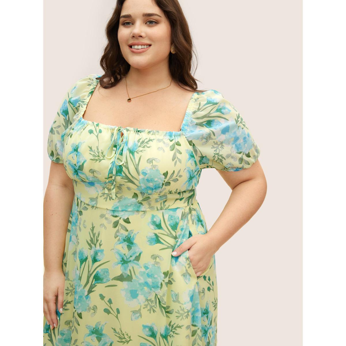 Plus Size Watercolor Floral Drawstring Wrap Hem Dress YellowGreen Women Elegant Drawstring Square Neck Short sleeve Curvy BloomChic 28/5X Product Image
