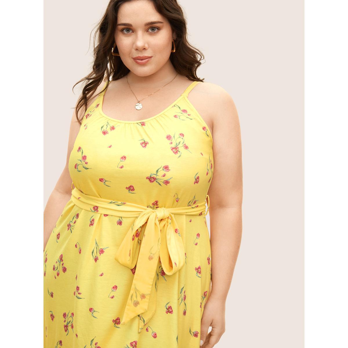 Plus Size Everywhere Dress - Floral Elastic Waist Belted Dress Lemonyellow Women Elegant Belted Non Sleeveless Curvy BloomChic 14-16/1X Product Image