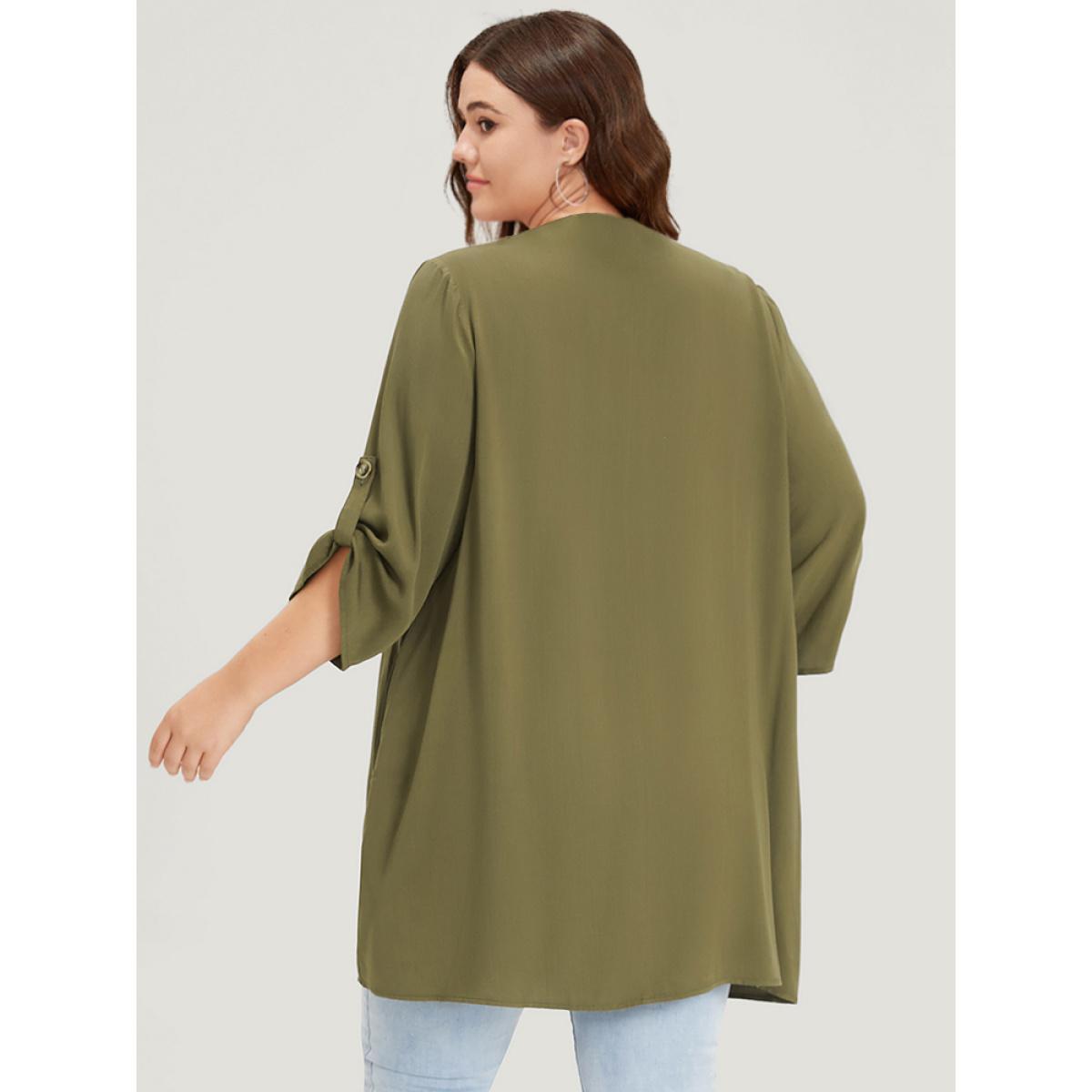 Plus Size Supersoft Essentials Plain Pocket Button Ruffle Open Front Kimono Women ArmyGreen Casual Plain Loose Pocket Dailywear Kimonos BloomChic 22-24/3X Product Image