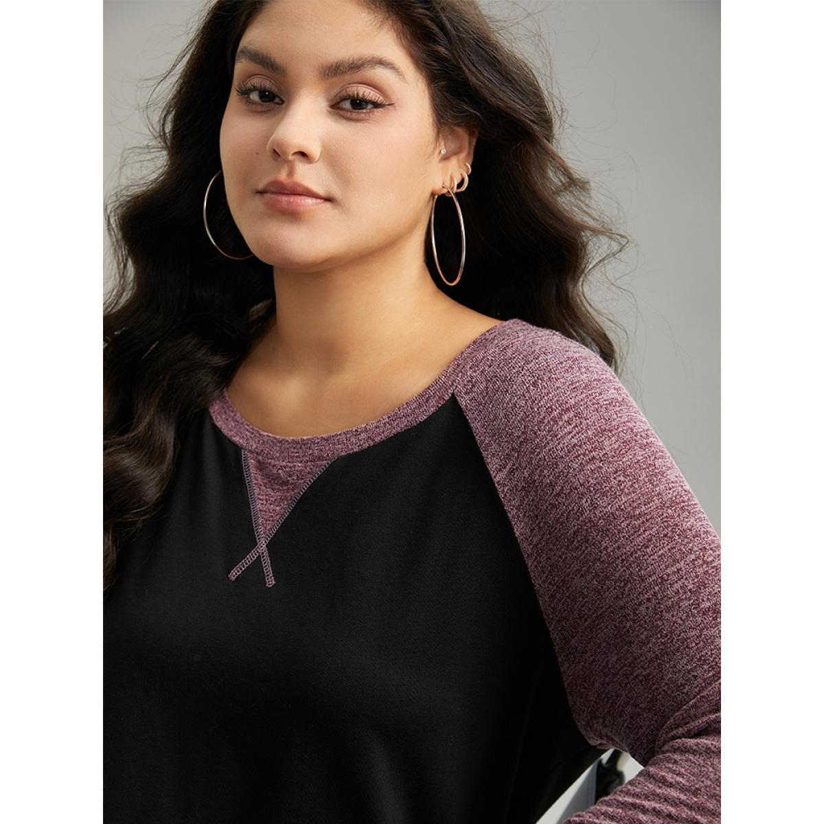 Plus Size Heather Stitch Pocket Raglan Sleeve Sweatshirt Women Black Casual Contrast Round Neck Dailywear Sweatshirts BloomChic 14-16/1X Product Image