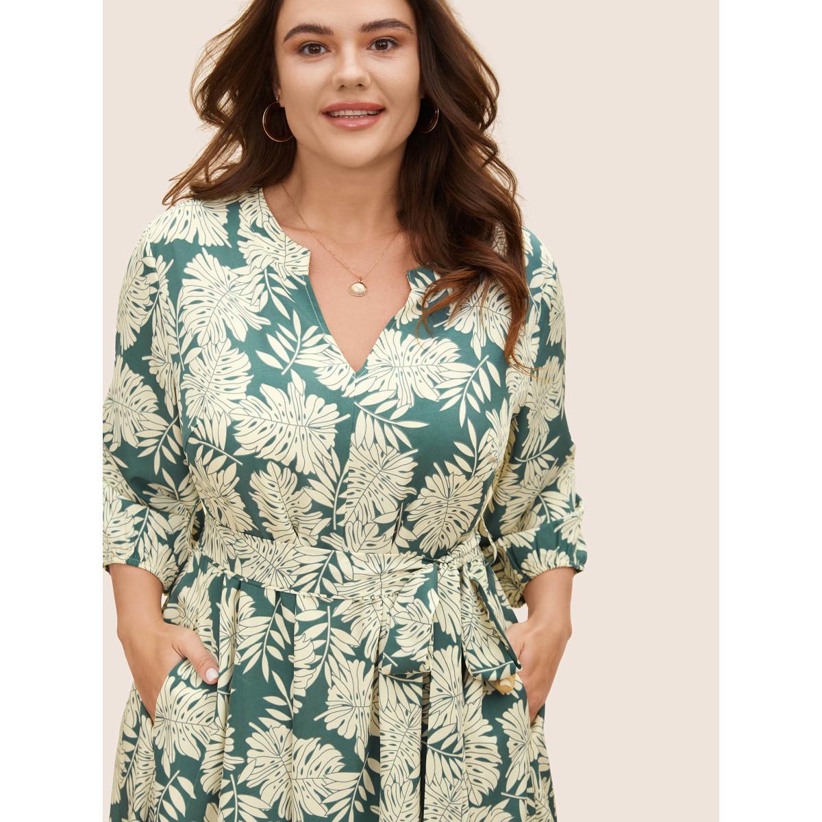 Plus Size Tropical Print Belted Gathered Lantern Sleeve Dress Teal Women Resort Gathered Flat collar with V-notch Elbow-length sleeve Curvy BloomChic 14-16/1X Product Image