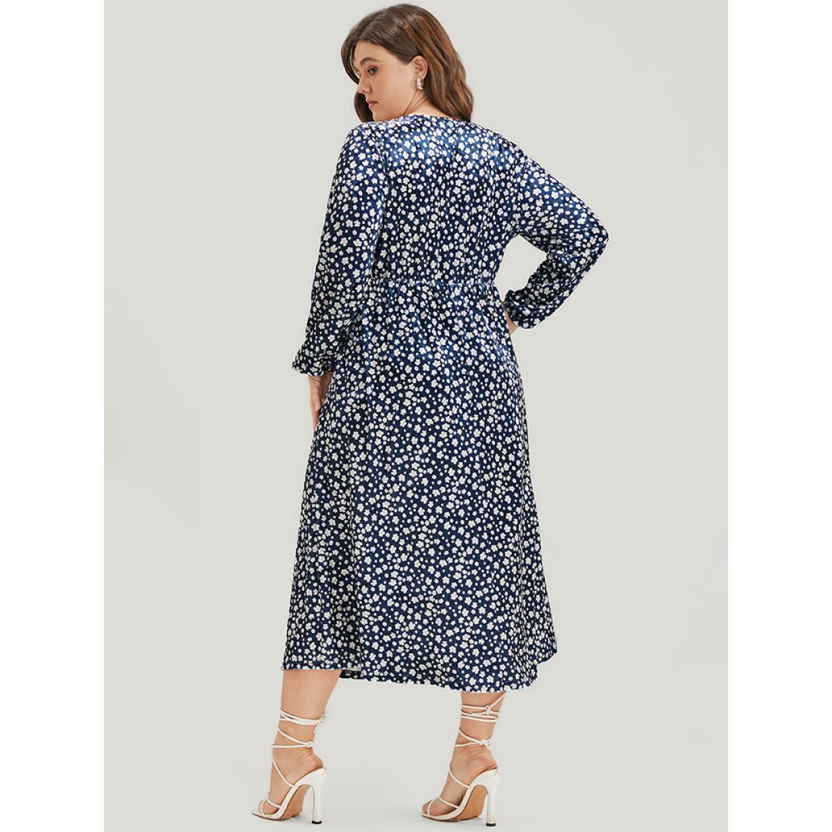 Plus Size Ditsy Floral Pocket Lantern Sleeve Wrap Velvet Dress Indigo Women Elegant Elastic Waist V-neck Long Sleeve Curvy Midi Dress BloomChic 10/M Product Image