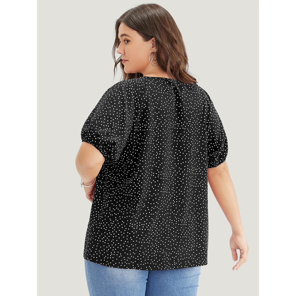 Plus Size Black Polka Dot Pleated Round Neck Puff Sleeve Blouse Women Office Short sleeve Round Neck Work Blouses BloomChic 10/M Product Image