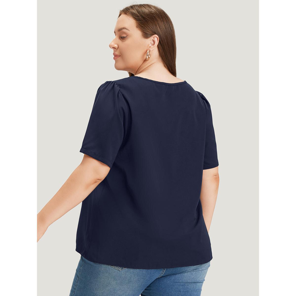 Plus Size Indigo Anti-Wrinkle Plain Metal Detail Keyhole Neck Blouse Women Office Short sleeve V-neck Work Blouses BloomChic 14-16/1X Product Image