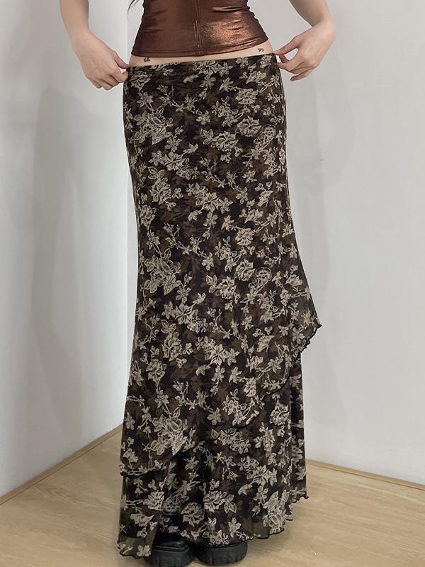 Vintage Style Netting Small Broken Flowers Maxi Skirt Product Image