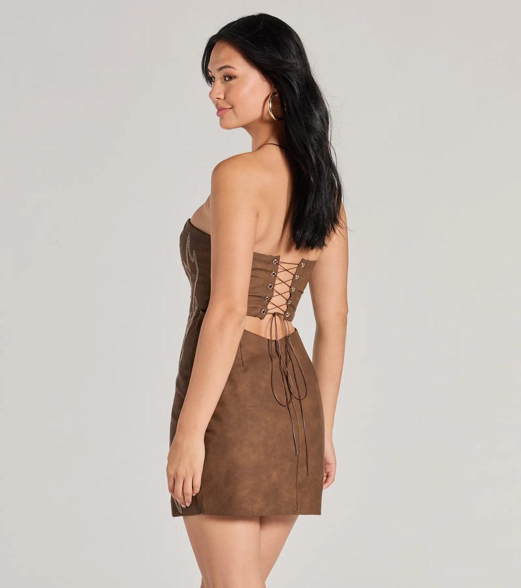 Western Baddie Strapless Lace-Up Mini Dress Product Image