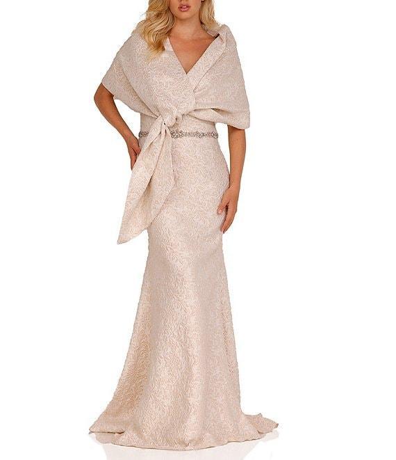 Terani Couture Brocade Twisted Short Sleeve Beaded Waist Mermaid Gown Product Image