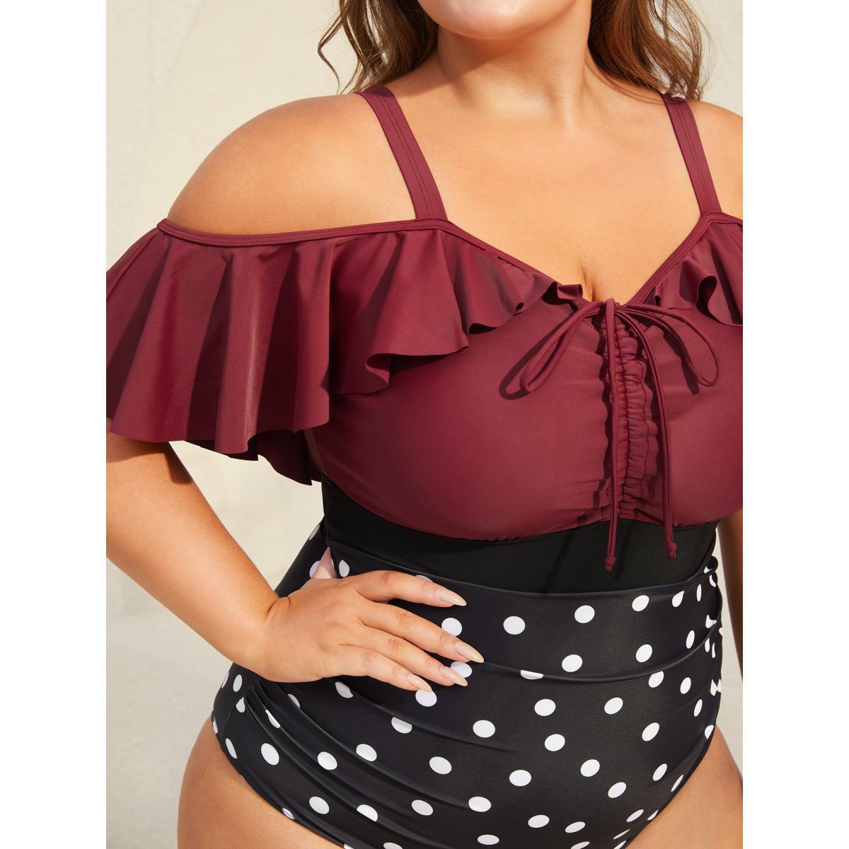 Plus Size Color Block Polka Dots One-Piece Swimsuit Women's Swimwear Deepred Beach Contrast Curve Bathing Suits High stretch One Pieces BloomChic 10/M Product Image
