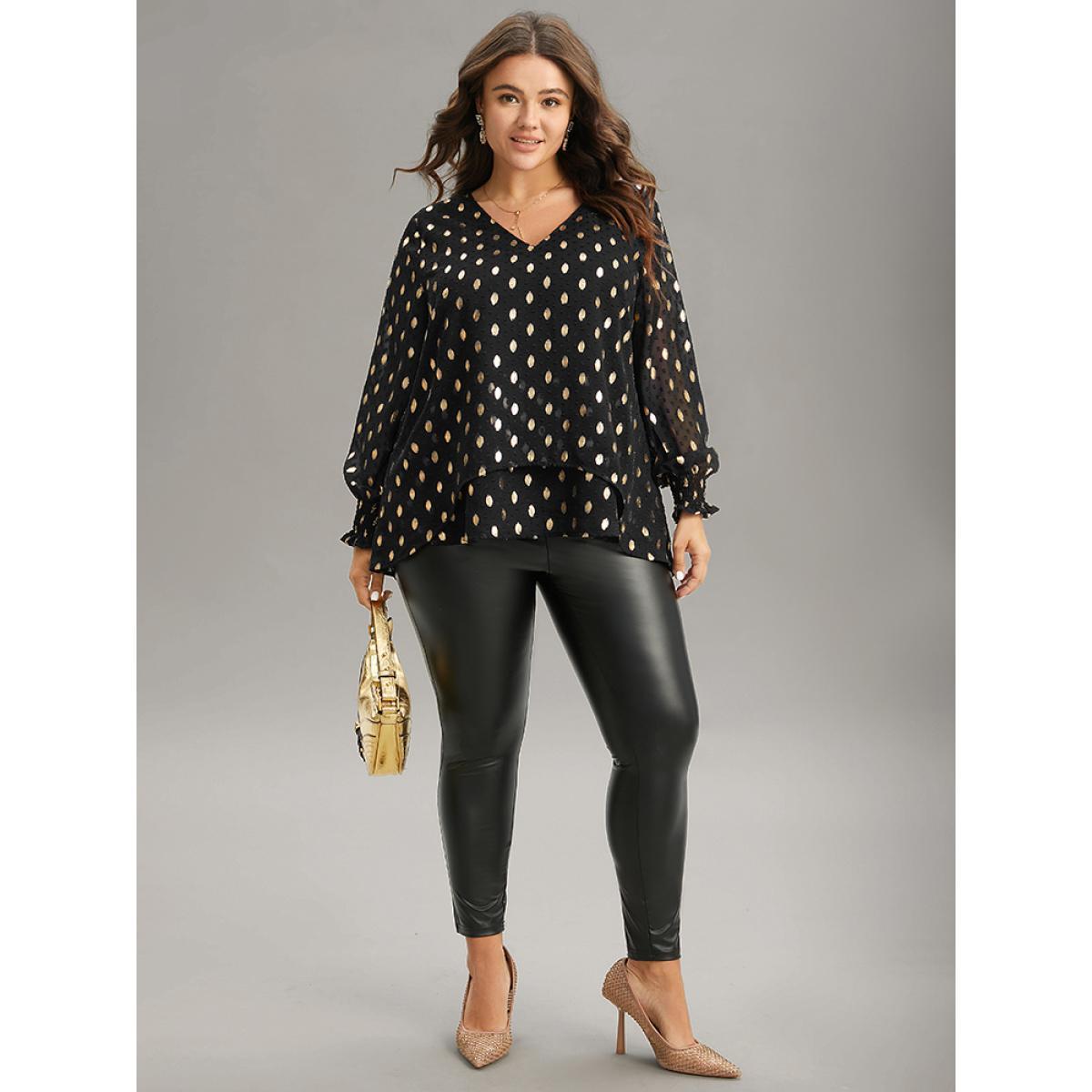 Plus Size Black Glitter Polka Dot Textured Shirred Tiered Blouse Women Glamour Long Sleeve V-neck Party Blouses BloomChic 28/5X Product Image