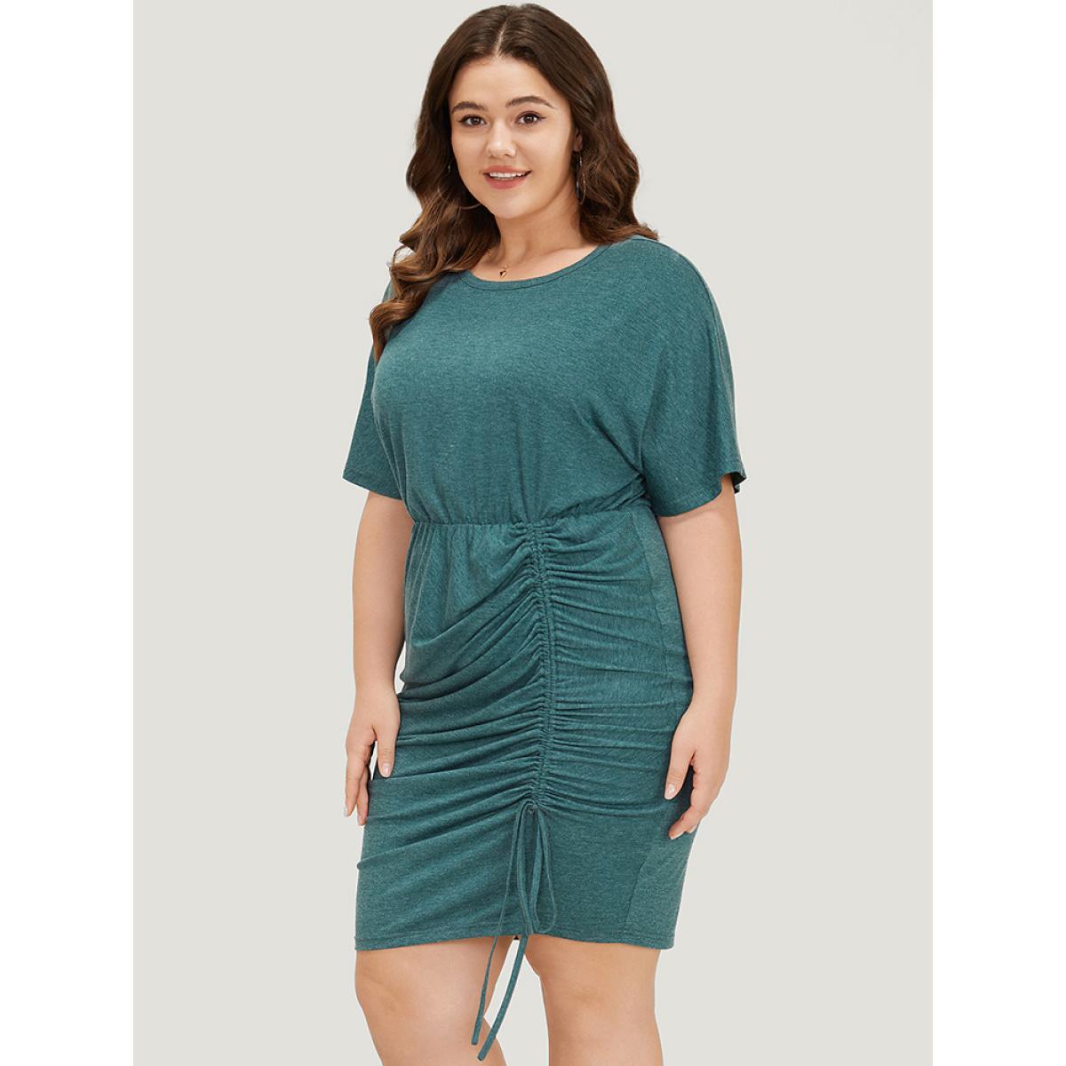 Plus Size Solid Ruched Drawstring Hem Bodycon Dress Cyan Women Elegant Ruched Round Neck Short sleeve Curvy Short Dress BloomChic 22-24/3X Product Image
