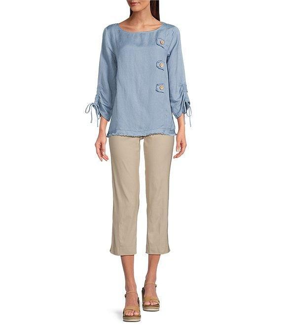 Ali Miles Linen Blend Solid Round Neck 3/4 Cinched Tie Sleeve Tunic Product Image