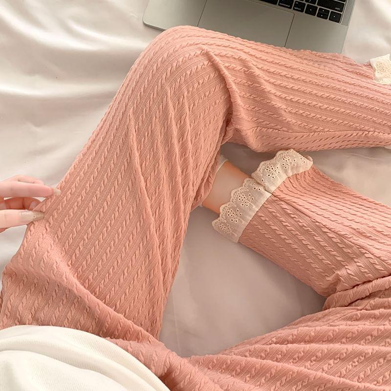 Elastic Waist Lace Trim Pajama Pants Product Image